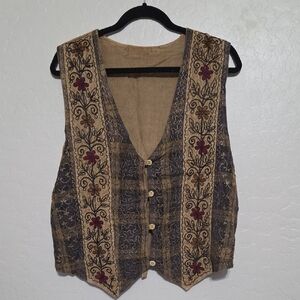 Hand-Embroidered V-Neck Button Front Vest - Brown & Tan